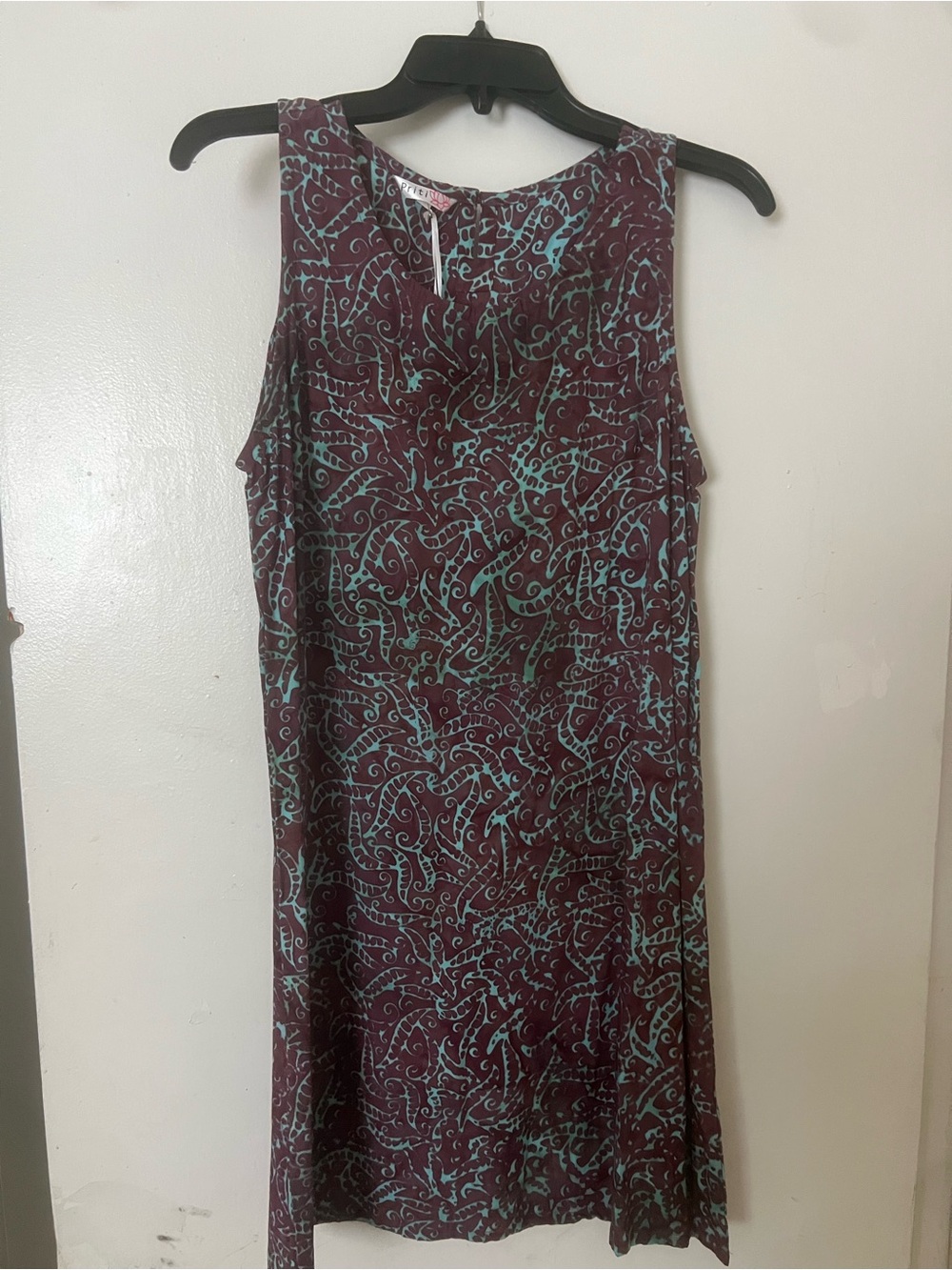 Pritzi Sleeveless Maroon Dress with Teal Scroll Print